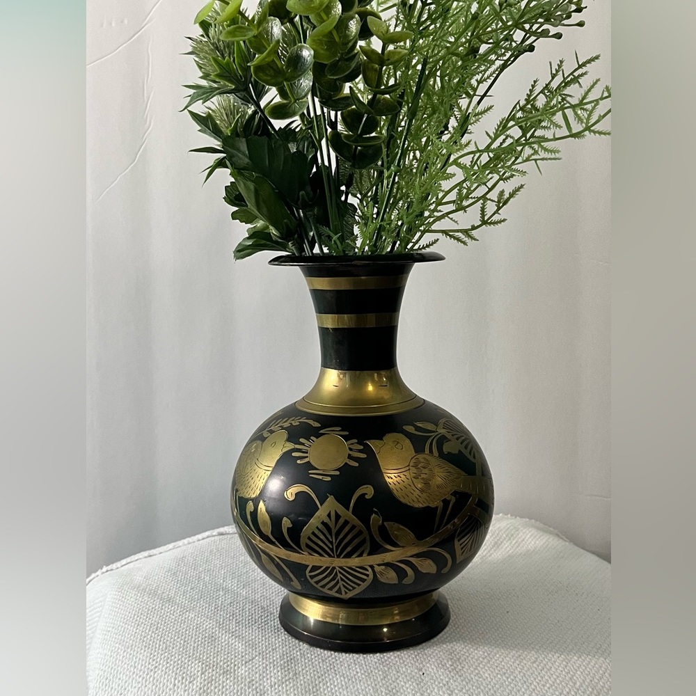 Brass Black Vintage Vase 8” H Birds